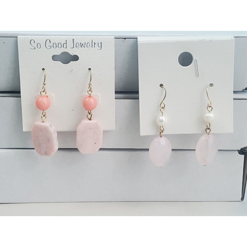 Pink Dangle Earrings Lot Speckled Slab Oval Pearl Tone Drop Hook Boho Fairy